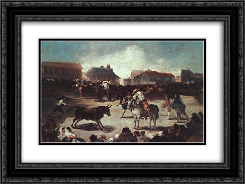 Village Bullfight 24x18 Black Ornate Wood Framed Art Print Poster with Double Matting by Goya, Francisco