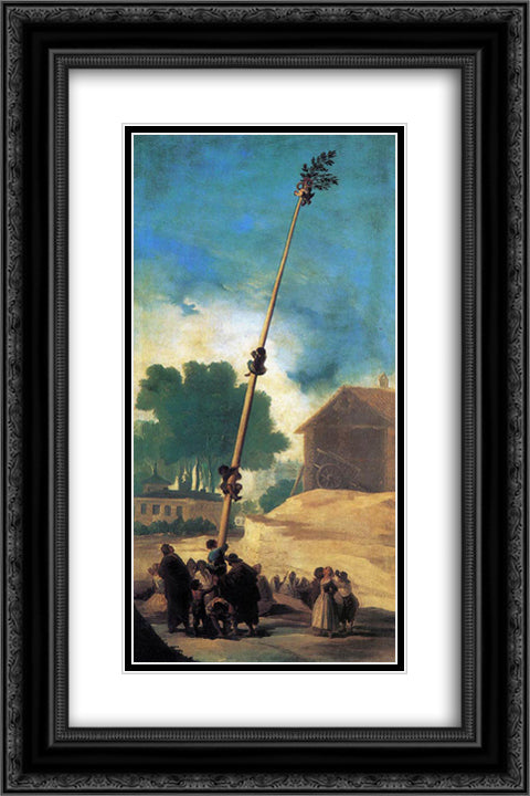 The Greasy Pole (La Cucana) 16x24 Black Ornate Wood Framed Art Print Poster with Double Matting by Goya, Francisco