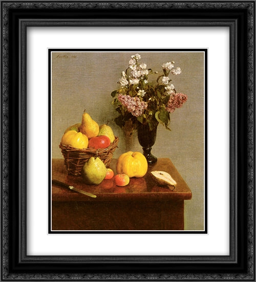 Still Life With Flowers And Fruit 20x22 Black Ornate Wood Framed Art Print Poster with Double Matting by Fantin Latour, Henri