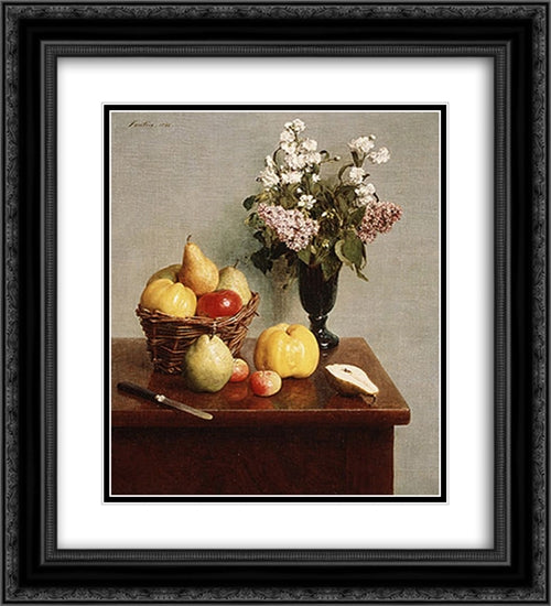 Still Life with Flowers and Fruit 20x22 Black Ornate Wood Framed Art Print Poster with Double Matting by Fantin Latour, Henri