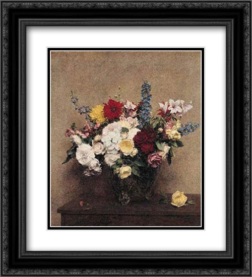 The Rosy Wealth of June 20x22 Black Ornate Wood Framed Art Print Poster with Double Matting by Fantin Latour, Henri