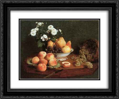 Flowers & Fruit on a Table 24x20 Black Ornate Wood Framed Art Print Poster with Double Matting by Fantin Latour, Henri