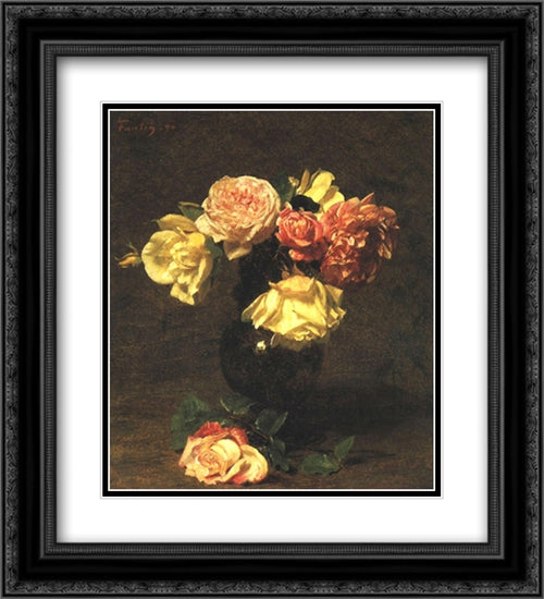 White and Pink Roses 20x22 Black Ornate Wood Framed Art Print Poster with Double Matting by Fantin Latour, Henri