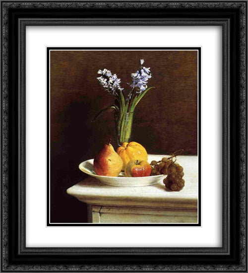 Still Life, Hyacinths and Fruit 20x22 Black Ornate Wood Framed Art Print Poster with Double Matting by Fantin Latour, Henri