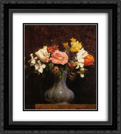 Flowers, Camelias and Tulips 20x22 Black Ornate Wood Framed Art Print Poster with Double Matting by Fantin Latour, Henri