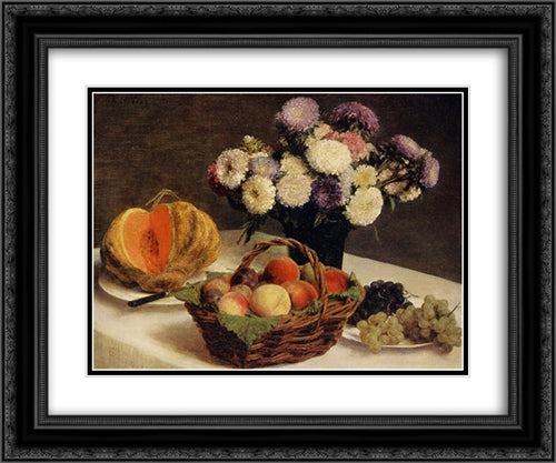 Flowers and Fruit, a Melon 24x20 Black Ornate Wood Framed Art Print Poster with Double Matting by Fantin Latour, Henri