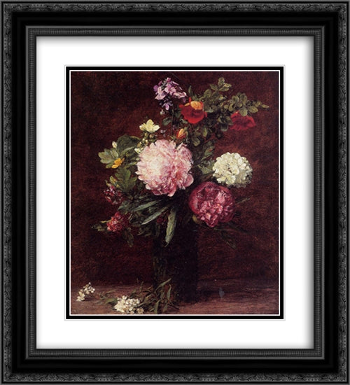 Flowers, Large Bouquet with Three Peonies 20x22 Black Ornate Wood Framed Art Print Poster with Double Matting by Fantin Latour, Henri