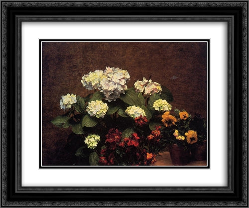 Hydrangias, Cloves and Two Pots of Pansies 24x20 Black Ornate Wood Framed Art Print Poster with Double Matting by Fantin Latour, Henri