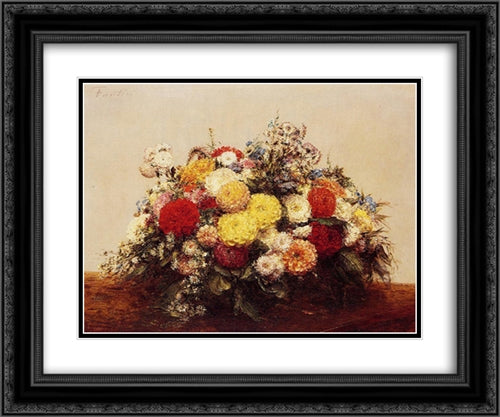 Large Vase of Dahlias and Assorted Flowers 24x20 Black Ornate Wood Framed Art Print Poster with Double Matting by Fantin Latour, Henri