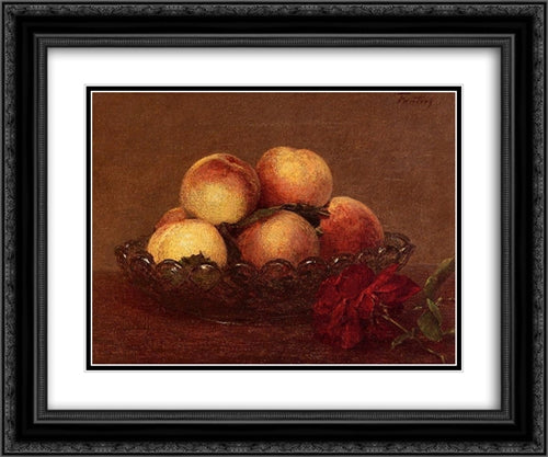 Nature Morte: Peches dans une coupe de verre, une rose fonces avec des feuilles a droite 24x20 Black Ornate Wood Framed Art Print Poster with Double Matting by Fantin Latour, Henri