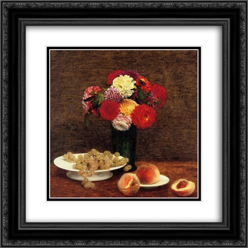 Still Life: Dahlias in a Green Vase 20x20 Black Ornate Wood Framed Art Print Poster with Double Matting by Fantin Latour, Henri