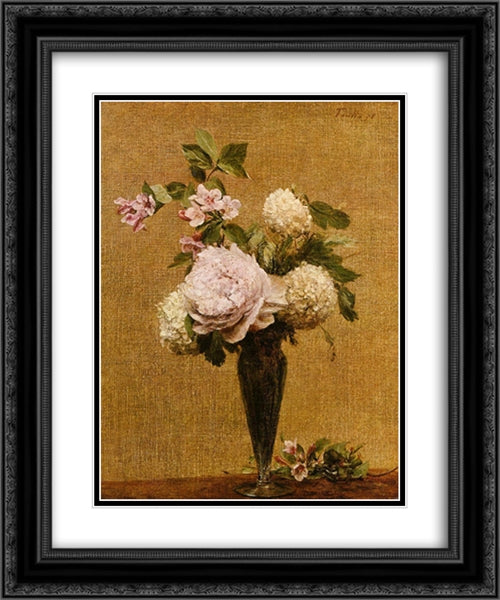 Vase of Peonies and Snowballs 20x24 Black Ornate Wood Framed Art Print Poster with Double Matting by Fantin Latour, Henri