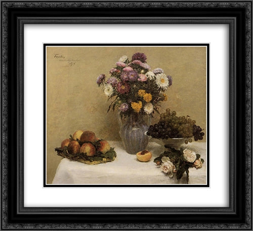 White Roses, Chrysanthemums in a Vase, Peaches and Grapes on a Table with a White Tablecloth 22x20 Black Ornate Wood Framed Art Print Poster with Double Matting by Fantin Latour, Henri