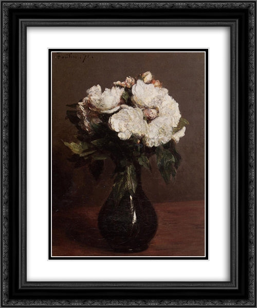 White Roses in a Green Vase 20x24 Black Ornate Wood Framed Art Print Poster with Double Matting by Fantin Latour, Henri