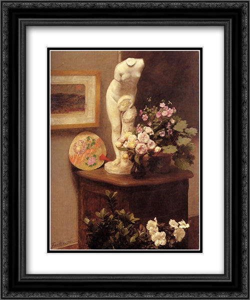 Still Life With Torso And Flowers 20x24 Black Ornate Wood Framed Art Print Poster with Double Matting by Fantin Latour, Henri