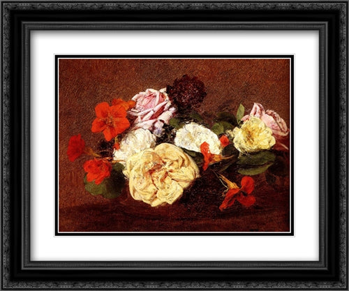 Bouquet Of Roses And Nasturtiums 24x20 Black Ornate Wood Framed Art Print Poster with Double Matting by Fantin Latour, Henri