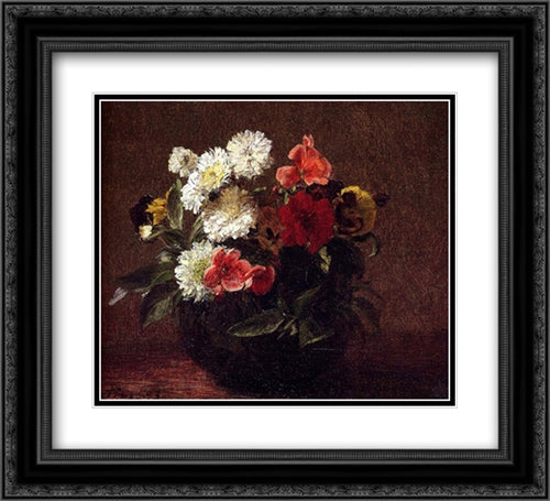 Flowers In A Clay Pot 22x20 Black Ornate Wood Framed Art Print Poster with Double Matting by Fantin Latour, Henri