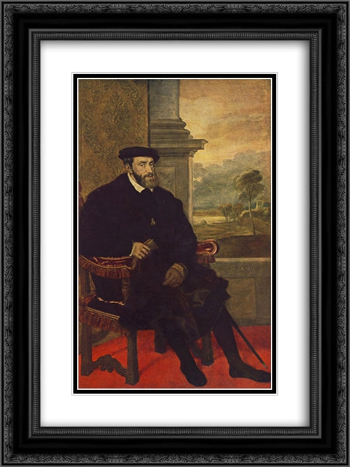 Portrait of Charles V Seated 18x24 Black Ornate Wood Framed Art Print Poster with Double Matting by Titian