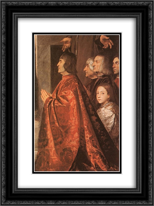Madonna with Saints and Members of the Pesaro Family [detail: 1] 18x24 Black Ornate Wood Framed Art Print Poster with Double Matting by Titian