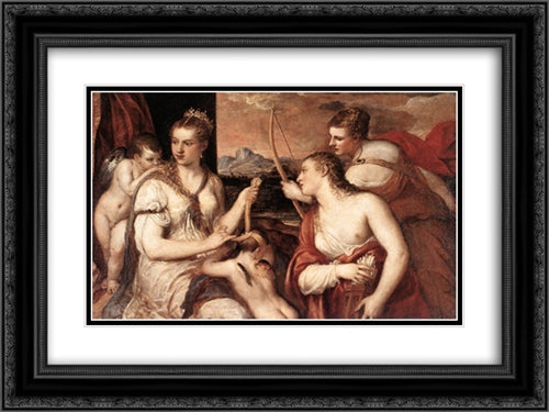 Venus Blindfolding Cupid 24x18 Black Ornate Wood Framed Art Print Poster with Double Matting by Titian