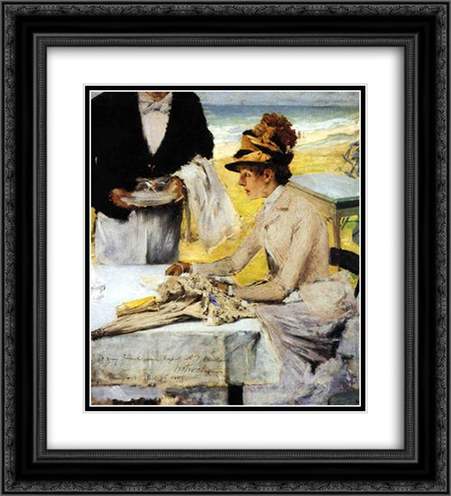 Ordering Lunch by the Seaside 20x22 Black Ornate Wood Framed Art Print Poster with Double Matting by Chase, William Merritt