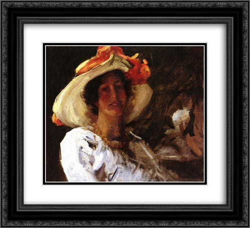 Portrait of Clara Stephens Wearing a Hat with an Orange 22x20 Black Ornate Wood Framed Art Print Poster with Double Matting by Chase, William Merritt