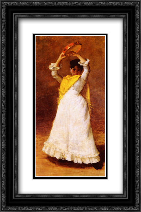 The Tamborine Girl 16x24 Black Ornate Wood Framed Art Print Poster with Double Matting by Chase, William Merritt