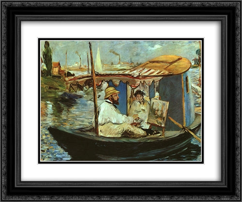 Claude Monet working on his boat in Argenteuil 24x20 Black Ornate Wood Framed Art Print Poster with Double Matting by Manet, Edouard