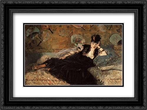 Woman with Fans 24x18 Black Ornate Wood Framed Art Print Poster with Double Matting by Manet, Edouard