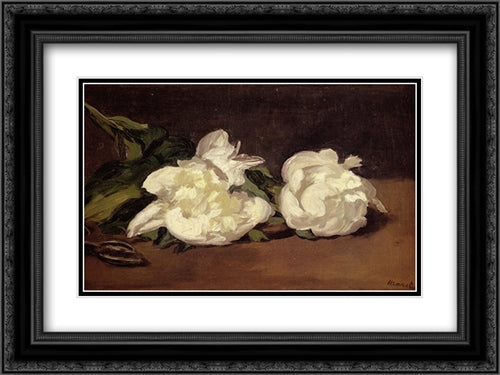 Branch Of White Peonies With Pruning Shears 24x18 Black Ornate Wood Framed Art Print Poster with Double Matting by Manet, Edouard