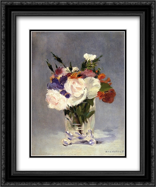 Flowers In A Crystal Vase 20x24 Black Ornate Wood Framed Art Print Poster with Double Matting by Manet, Edouard