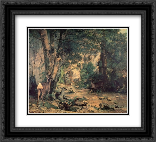 A Thicket of Deer at the Stream of Plaisir'Fountaine 22x20 Black Ornate Wood Framed Art Print Poster with Double Matting by Courbet, Gustave