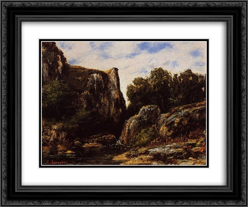 A Waterfall in the Jura 24x20 Black Ornate Wood Framed Art Print Poster with Double Matting by Courbet, Gustave