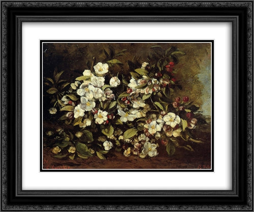 Flowering Apple Tree Branch 24x20 Black Ornate Wood Framed Art Print Poster with Double Matting by Courbet, Gustave