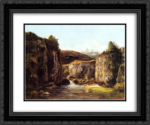 Landscape: The Source among the Rocks of the Doubs 24x20 Black Ornate Wood Framed Art Print Poster with Double Matting by Courbet, Gustave