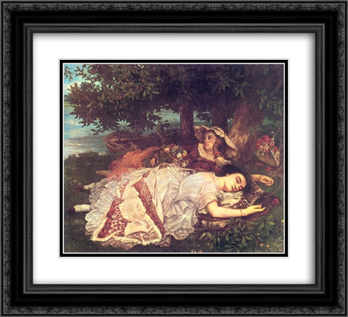 The Young Ladies on the Banks of the Seine 22x20 Black Ornate Wood Framed Art Print Poster with Double Matting by Courbet, Gustave