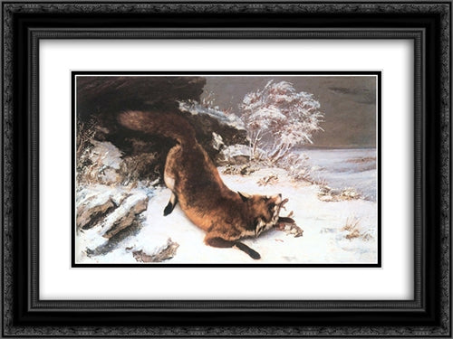 The Fox in the Snow 24x18 Black Ornate Wood Framed Art Print Poster with Double Matting by Courbet, Gustave