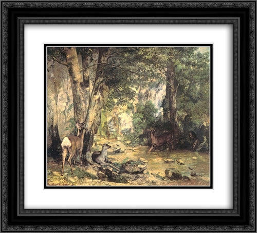 Shelter of the Roe Deer at the Stream of Plaisir'Fontaine, Doubs 22x20 Black Ornate Wood Framed Art Print Poster with Double Matting by Courbet, Gustave