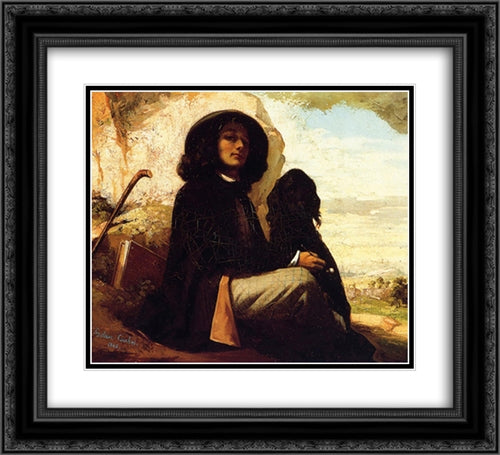 Self Portrait with a Black Dog 22x20 Black Ornate Wood Framed Art Print Poster with Double Matting by Courbet, Gustave