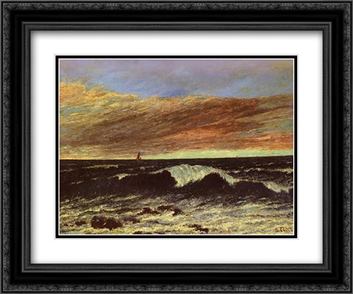 La Vague 24x20 Black Ornate Wood Framed Art Print Poster with Double Matting by Courbet, Gustave