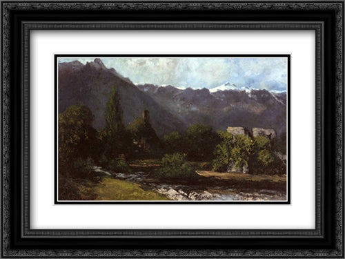 Le Glacier 24x18 Black Ornate Wood Framed Art Print Poster with Double Matting by Courbet, Gustave