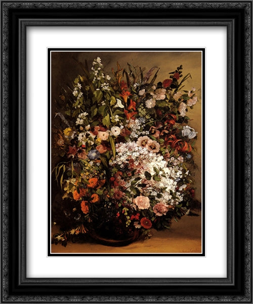 Bouquet of Flowers in a Vase 20x24 Black Ornate Wood Framed Art Print Poster with Double Matting by Courbet, Gustave