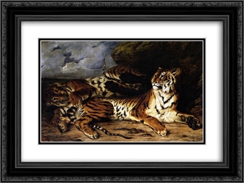 A Young Tiger Playing with its Mother 24x18 Black Ornate Wood Framed Art Print Poster with Double Matting by Delacroix, Eugene