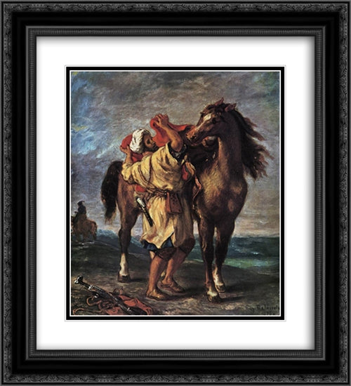 Marocan and his Horse 20x22 Black Ornate Wood Framed Art Print Poster with Double Matting by Delacroix, Eugene