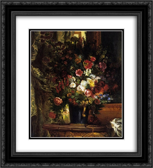 A Vase of Flowers on a Console 20x22 Black Ornate Wood Framed Art Print Poster with Double Matting by Delacroix, Eugene