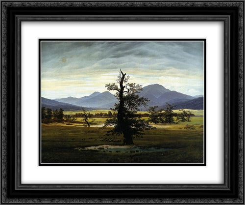 Village Landscape in Morning Light (The Lone Tree) 24x20 Black Ornate Wood Framed Art Print Poster with Double Matting by Friedrich, Caspar David