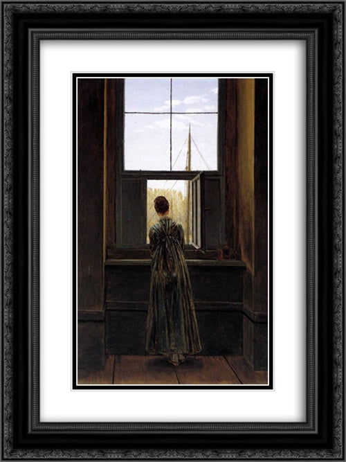 Woman at a Window 18x24 Black Ornate Wood Framed Art Print Poster with Double Matting by Friedrich, Caspar David