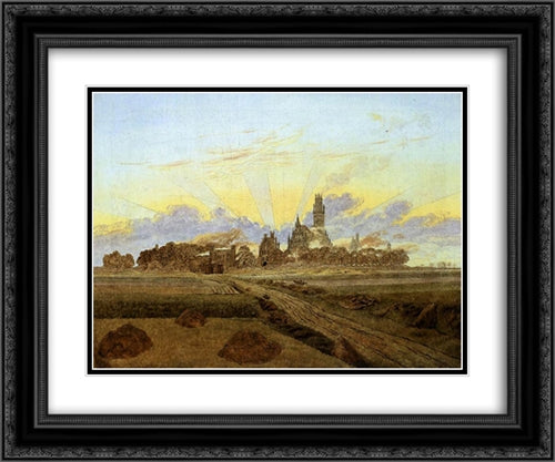 Neubrandenburg in Flames (Sunrise near Neubrandenburg) 24x20 Black Ornate Wood Framed Art Print Poster with Double Matting by Friedrich, Caspar David