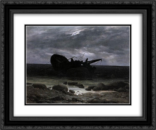 Wreck in the Moonlight 24x20 Black Ornate Wood Framed Art Print Poster with Double Matting by Friedrich, Caspar David