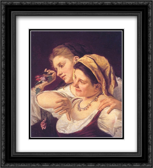 Two Women Throwing Flowers During Carnival 20x22 Black Ornate Wood Framed Art Print Poster with Double Matting by Cassatt, Mary